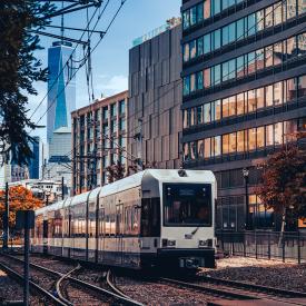 Lightrail vehicle traversing through downtown Jersey City.