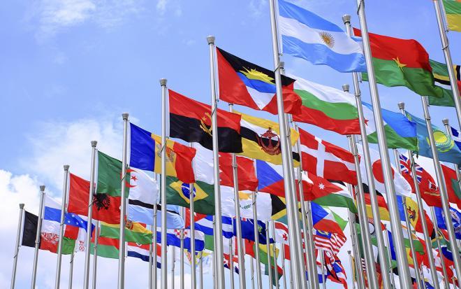 international flags on flagpoles