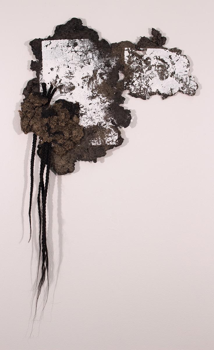 Adebunmi Gbadebo, History Paper Portrait: Uprooted, 2018, hair made into paper, thread, silk screen, artificial braids. Courtesy Claire Oliver Gallery. 