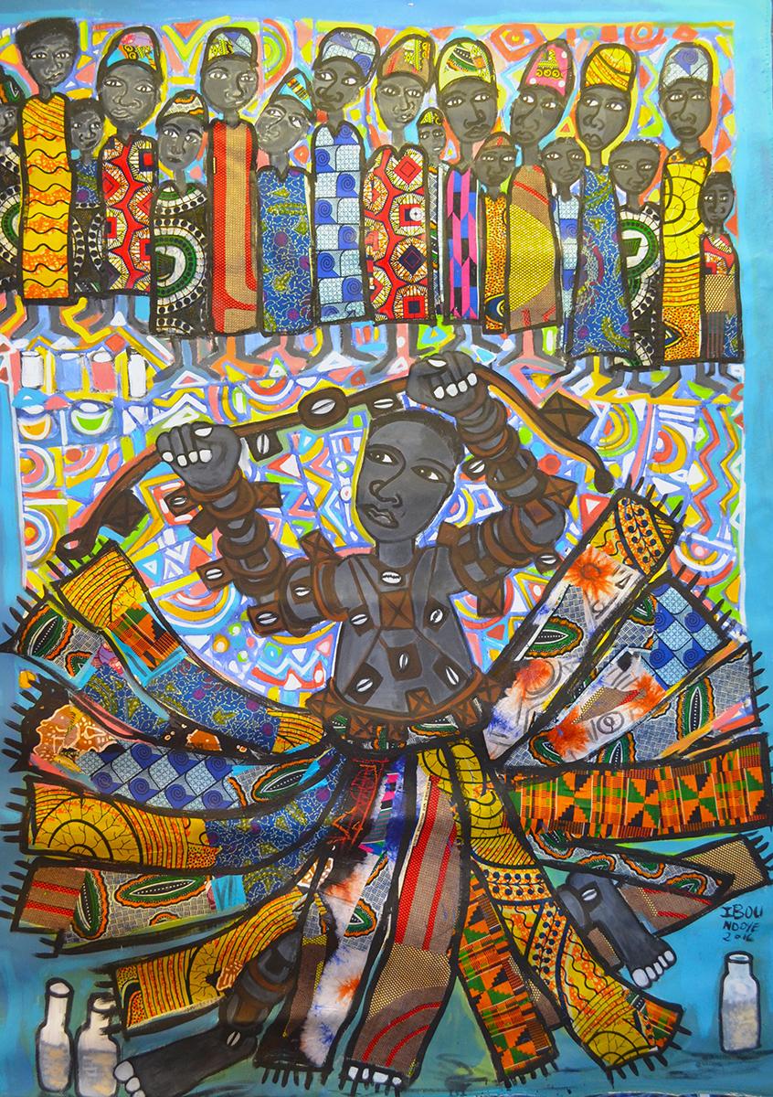 Ibou Ndoye, The Wrestler, 2016, mixed media on canvas