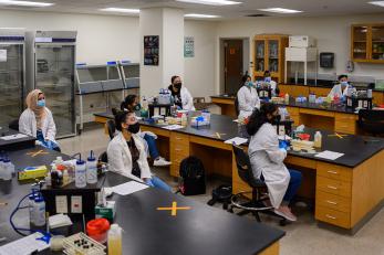 Biology students in class in the lab