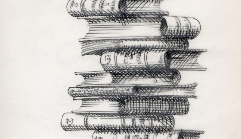 A pencil sketch of a stack of books.