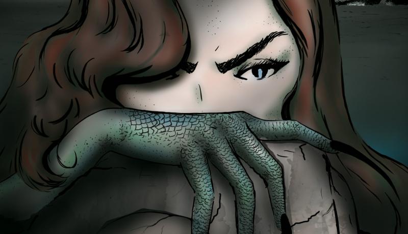 Cover of the commic book "Siren's Calling" depicting a woman with a green, scale-covered hand with long nails holding a human skull.