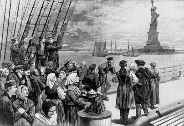 Drawing of immigrants on ship approaching the Statue of Liberty