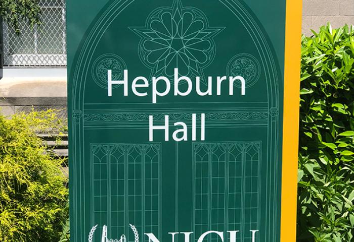 NJCU's new building identification sign for Hepburn Hall