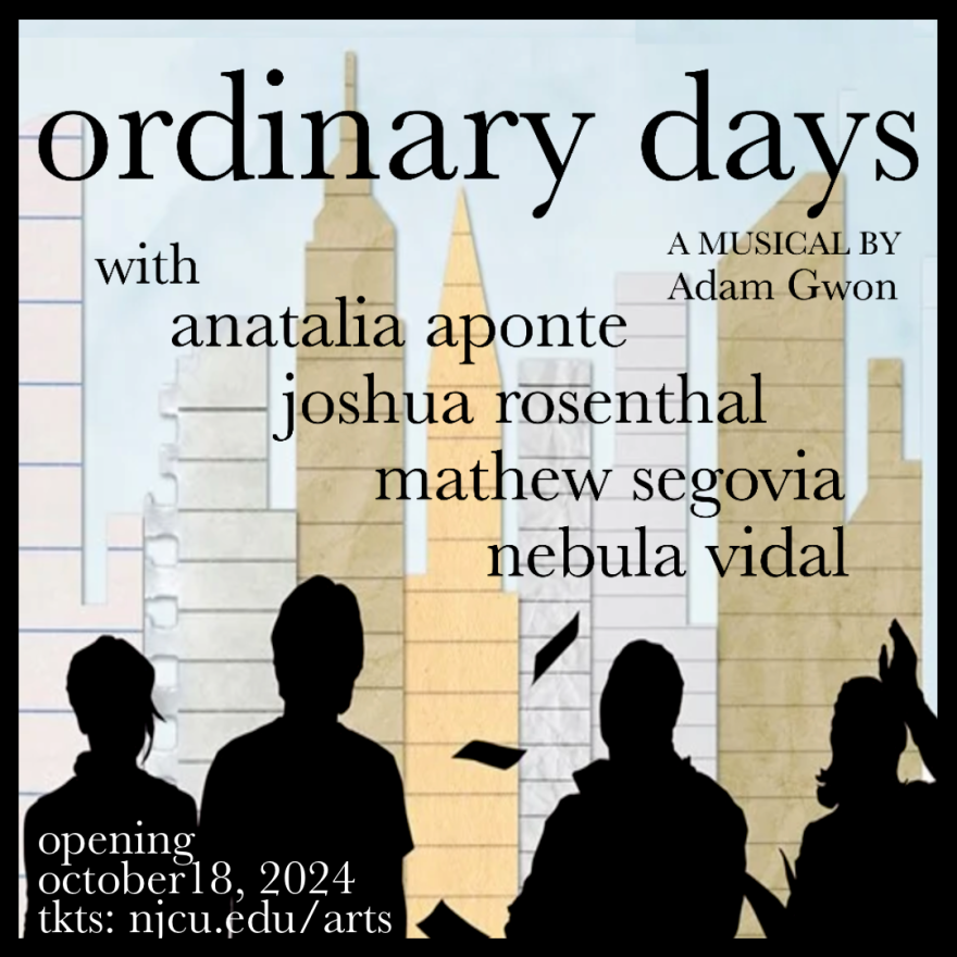 A thumbnail for the musical "Ordinary Days" featuring a city skyline in the background. In the foreground, for people are standing together. A list of the cast members' names is prominently displayed in the center of the page.